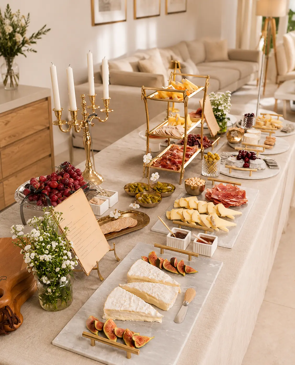Elegant grazing table with artisan cheese and garnish