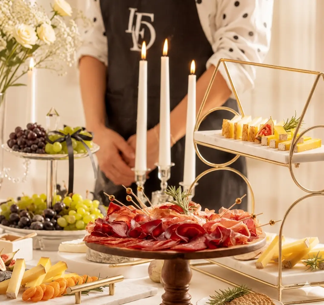 Elegant grazing table with artisan cheese and garnish